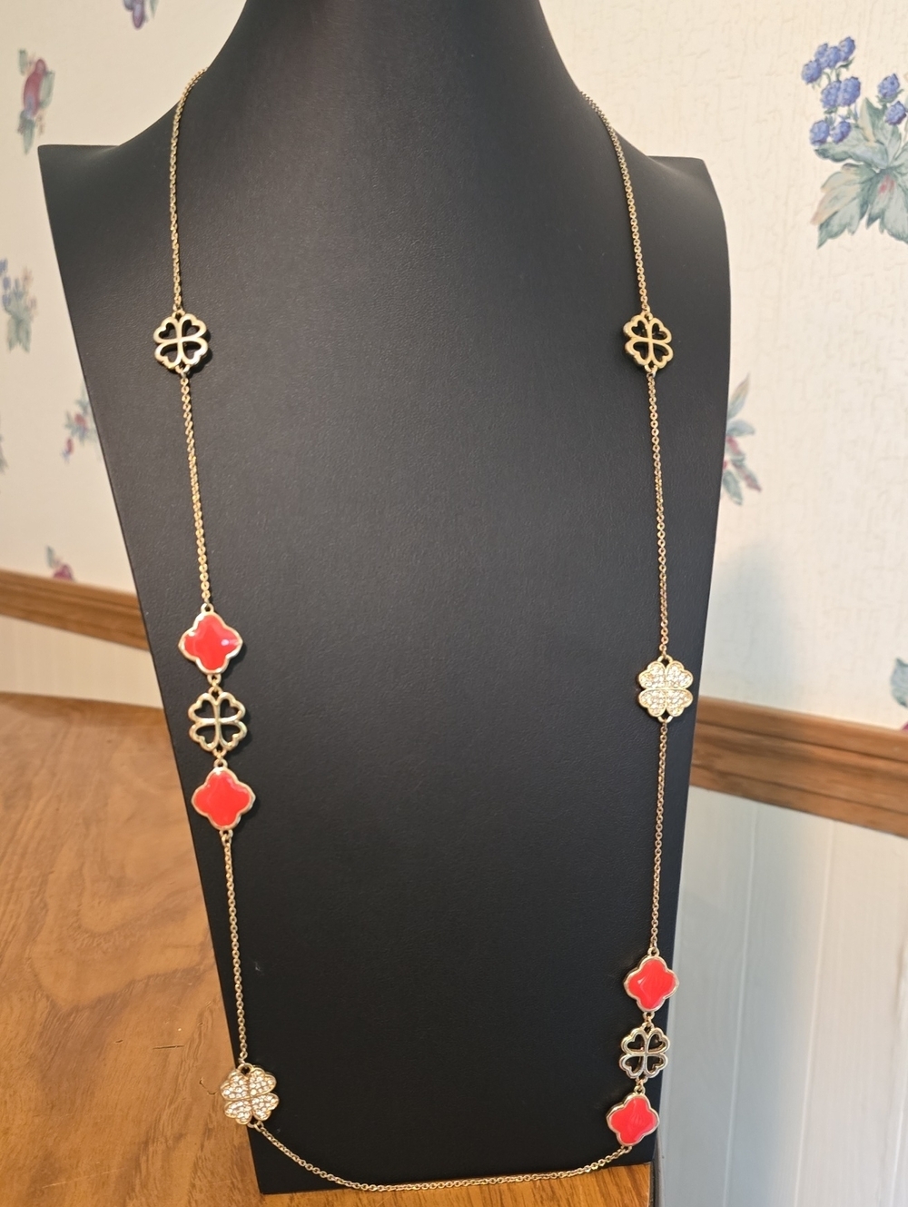 Gold Long Station Necklace with Red Clover Accents